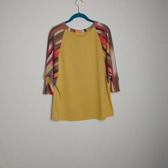Ces'Femme Bohemian Mustard Stripe Dolman Sleeve Scoop Neck Small Blouse - Picture 7 of 10